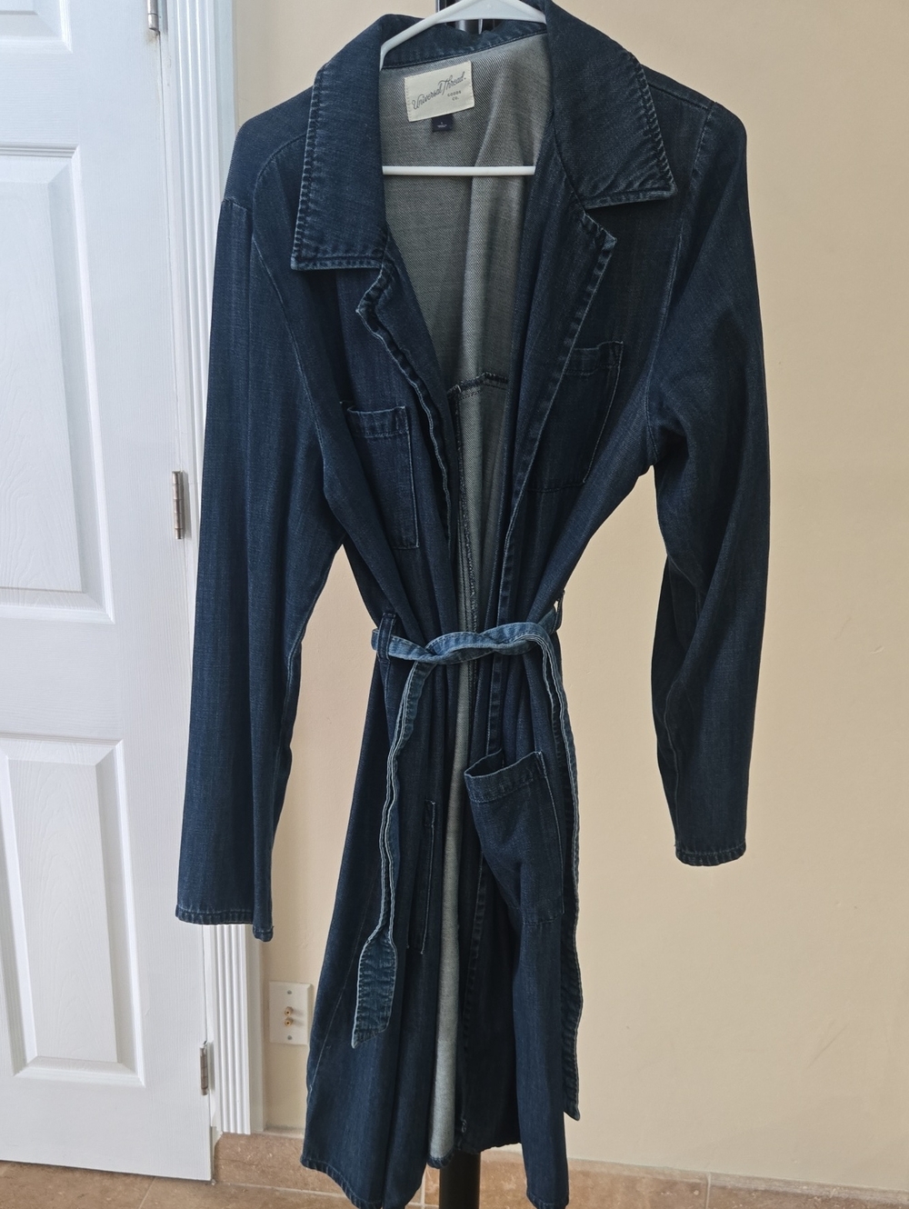 Denim Trench Coat with Belt - Dark Blue L